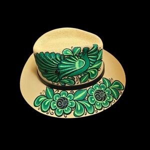 Madalais tan western cowgirl cowboy sun hat handpainted green design NWT